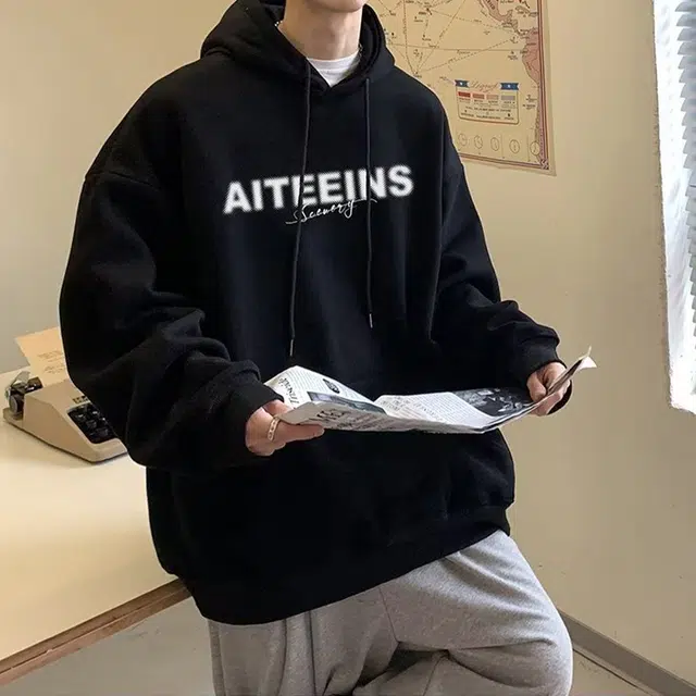 一碗士多 美式高街复古字母印花小众时尚青春垂感经典款百搭简约落肩纯色宽松舒适连帽长袖运动户外通勤卫衣 男女同款