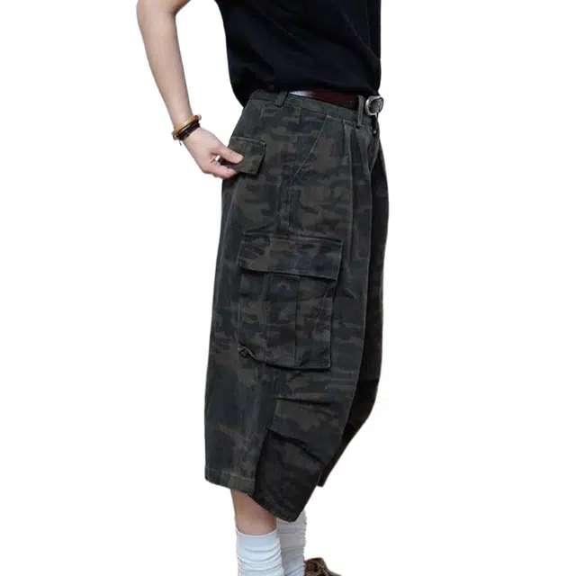 一碗士多 复古迷彩七分裤夏季阔腿口袋工装裤休闲短裤 男女同款