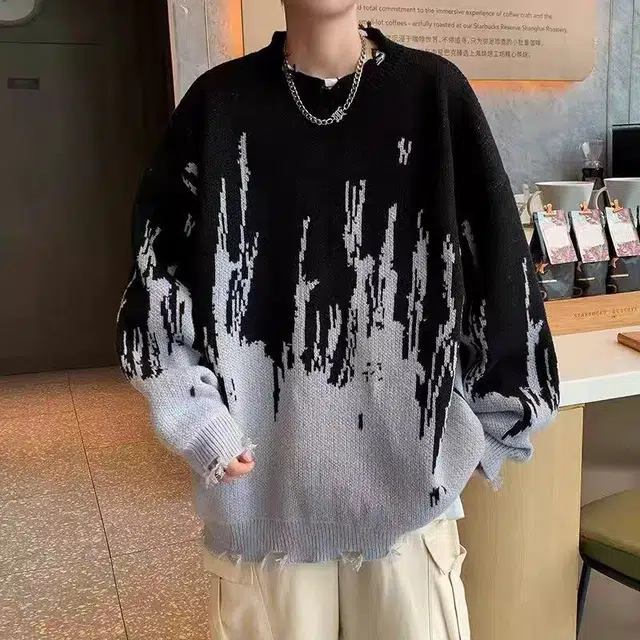 一碗士多 拼接解构撞色不规则美式复古高街时尚流行痞帅个性高级设计日常通勤宽松舒适百搭不挑人针织衫 男女同款
