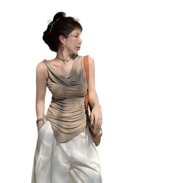 一碗士多 不规则荡领设计感小众吊带女褶皱修身气质韩版甜辣妹无袖上衣背心 女款