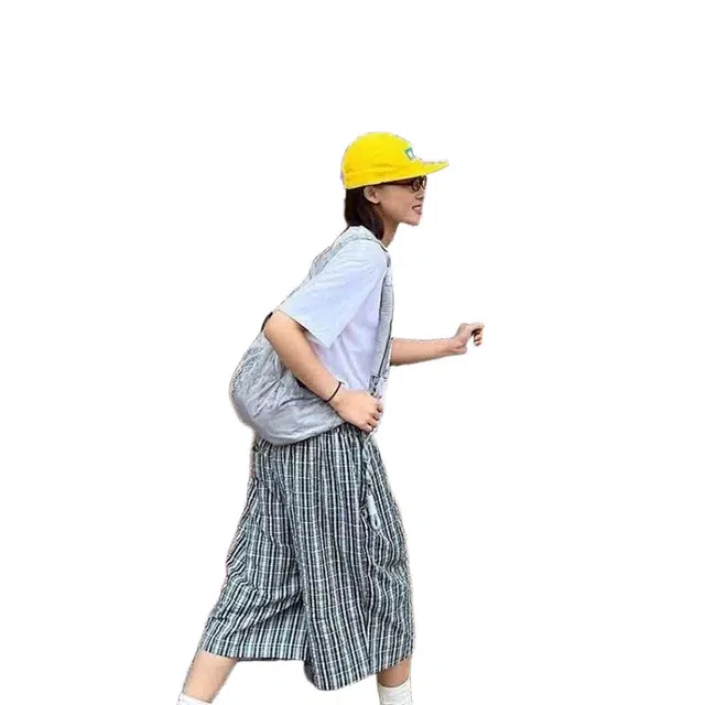 一碗士多 美式复古格子条纹百搭宽松慵懒直筒七分裤休闲短裤 男女同款