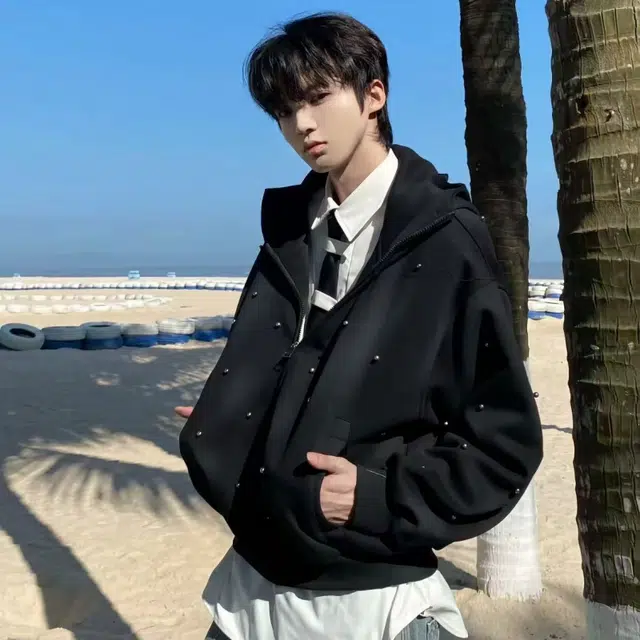 一碗士多 珍珠点缀个性脏扎染小众化高级感宽松舒适百搭防风美式复古高街日常城市户外通勤出街拍照街头嘻哈风卫衣 男女同款