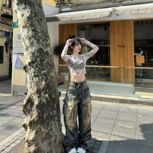 一碗士多 黄泥洗喷墨多口袋拉链工装渐变褶皱水洗做旧拼接百搭美式高街设计感重工小众时尚炸街牛仔裤 男女同款