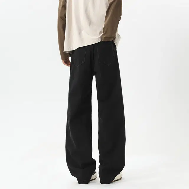 一碗士多 美式高街复古经典小众百搭简约纯色做旧水洗垂感拖地宽松阔腿直筒日常通勤基础款牛仔裤 男女同款