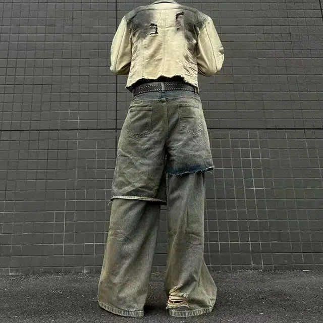 一碗士多 破洞假两件猫须水洗做旧磨白拖地美式高街潮流痞帅时尚炸街流行废土风设计感小众重工牛仔裤 男女同款