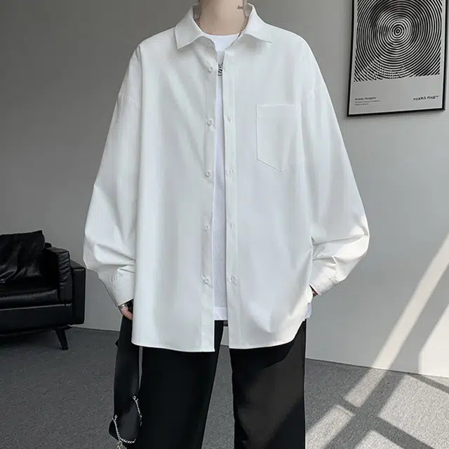 一碗士多 自带领结胸针高级感纯色个性小众设计时尚痞帅美式复古户外通勤日常聚会百搭舒适宽松柔软亲肤单排扣落肩翻领长袖 衬衫 男女同款