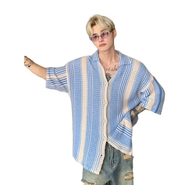 一碗士多 美式撞色短袖衬衫男夏季潮流宽松翻领休闲薄款开衫上衣针织衫 男款