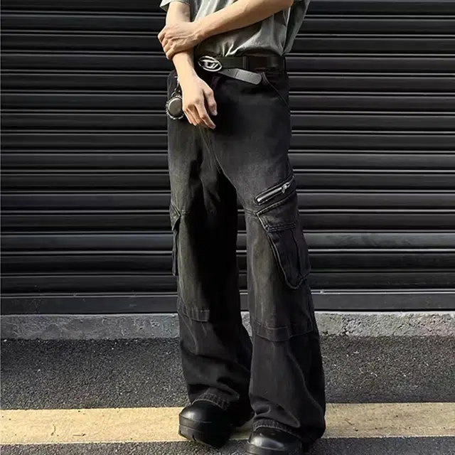 一碗士多 美式复古高街小众百搭基础款做旧水洗舒适亲肤宽松阔腿直筒裤子运动户外通勤废土风多口袋设计牛仔裤 男女同款