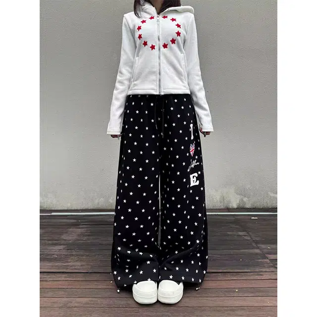 一碗士多 星星印花拼接英文美式复古高街直筒时尚流行痞帅个性高级设计日常通勤宽松舒适百搭不挑人休闲裤 男女同款