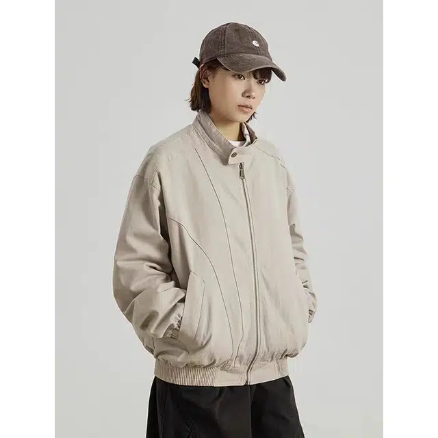 一碗士多 拼接结构拉链纯色美式复古高街时尚流行痞帅个性高级设计日常通勤宽松舒适百搭不挑人夹克 男女同款