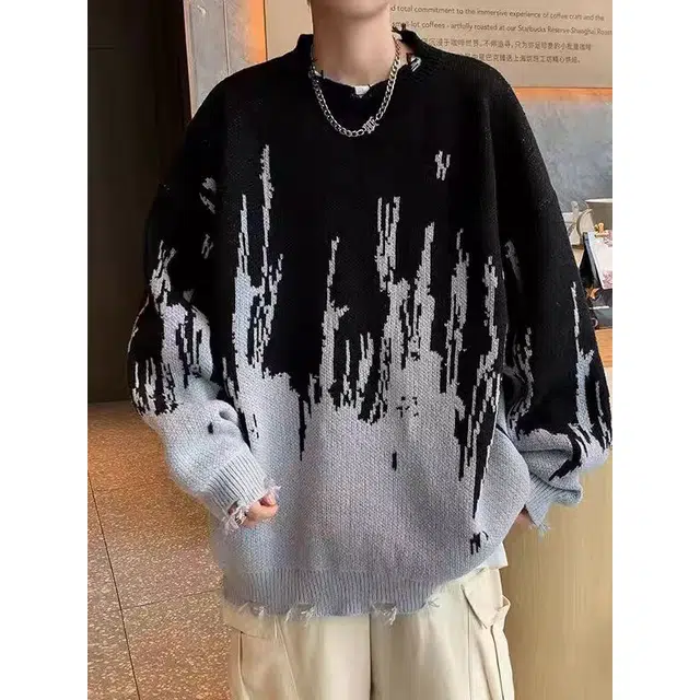 一碗士多 拼接解构撞色不规则美式复古高街时尚流行痞帅个性高级设计日常通勤宽松舒适百搭不挑人针织衫 男女同款