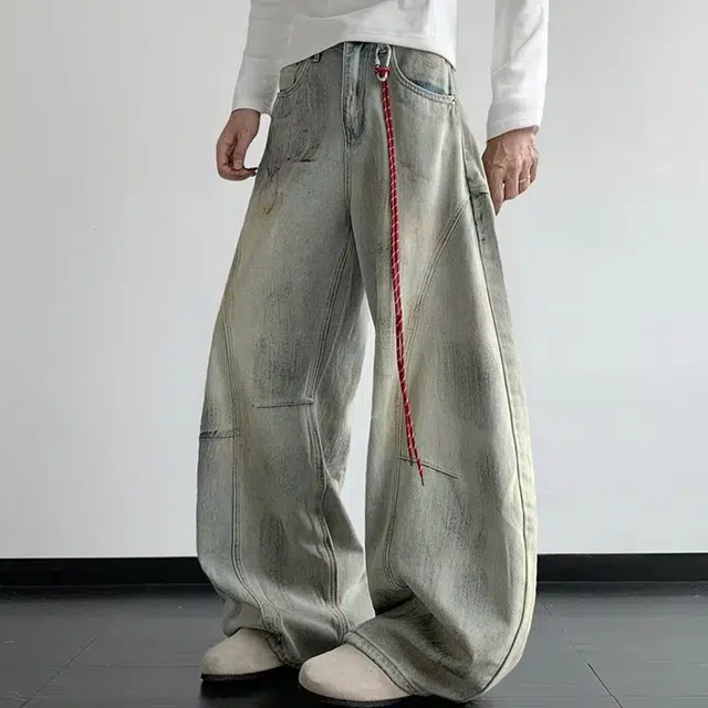 一碗士多 美式复古小众做旧水洗解构拼接设计脏脏裤阔腿直筒裤子垂感拖地街头个性时尚通勤日常废土风牛仔裤 男女同款