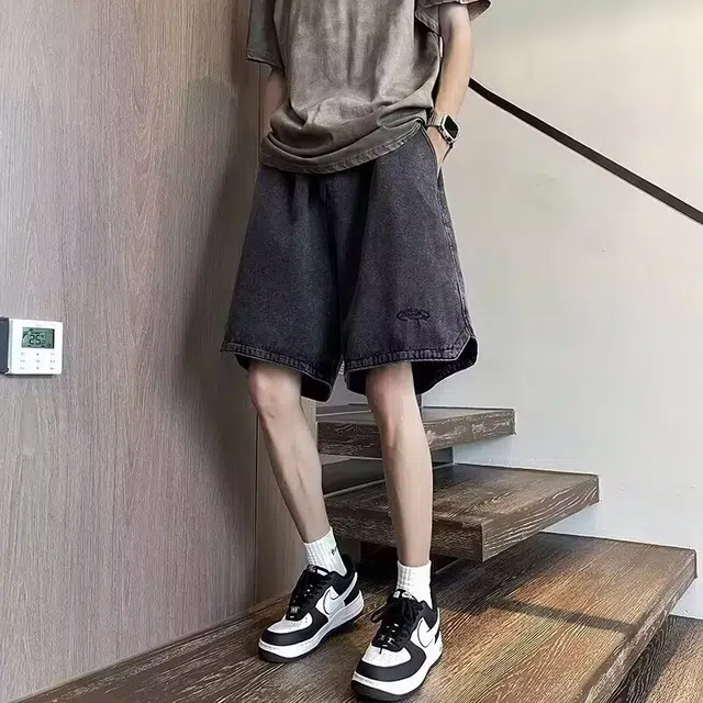木木兔 休闲美式潮流百搭简约刺绣透气五分裤牛仔短裤 男款