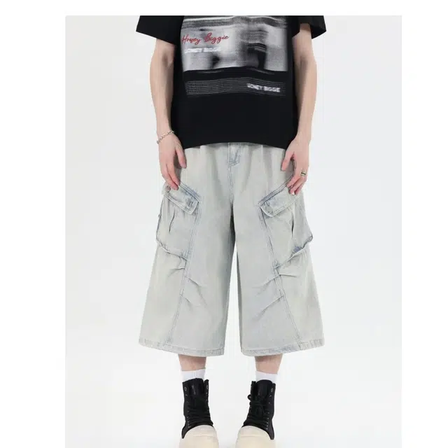 木木兔 美式潮流百搭简约工装高级感痞帅日系复古水洗七分裤做旧水洗大口袋褶皱牛仔短裤 男款