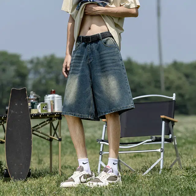 木木兔 男士夏季短裤美式潮流百搭男生裤子简约宽松中裤直筒水洗五分裤夏天牛仔裤 男款