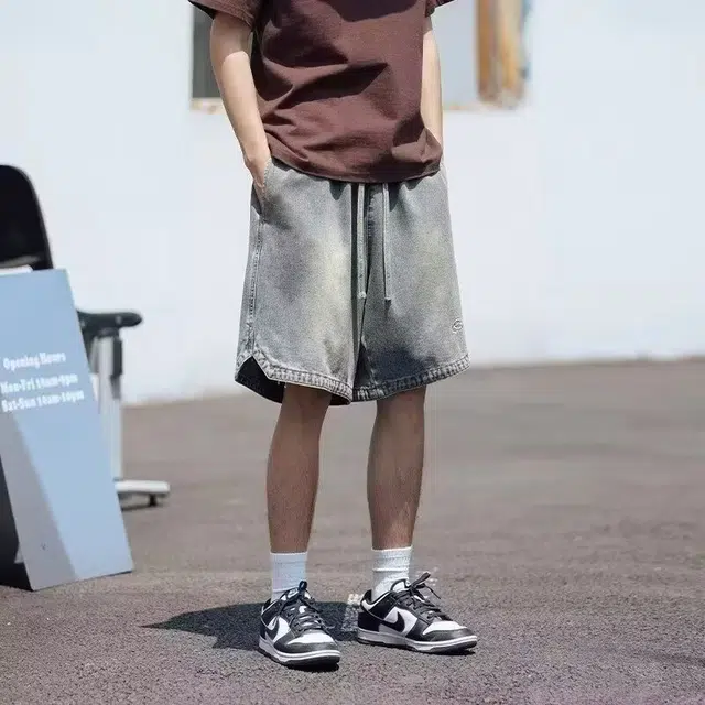 木木兔 男士夏季短裤美式潮流百搭男生裤子简约宽松直筒水洗五分裤夏天高街潮牌刺绣牛仔裤 男款