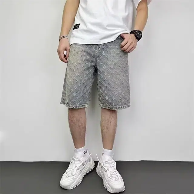 木木兔 美式潮流百搭慵懒满印复古文艺破洞简约五分牛仔短裤 男款