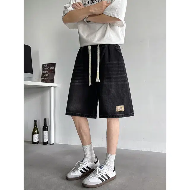 木木兔 男士夏季短裤美式潮流百搭男生裤子简约薄款天丝宽松直筒水洗五分裤夏天牛仔裤 男款