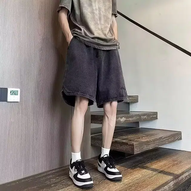 木木兔 休闲美式潮流百搭简约刺绣透气五分裤牛仔短裤 男款