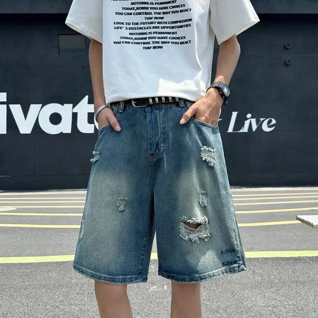 木木兔 男士夏季短裤美式潮流百搭男生裤子简约宽松设计感拼接直筒水洗五分裤夏天牛仔裤 男款