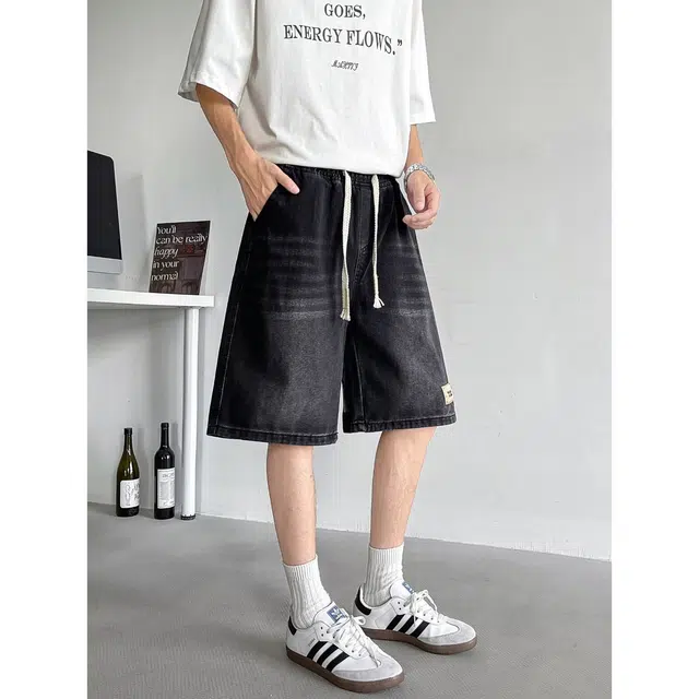 木木兔 男士夏季短裤美式潮流百搭男生裤子简约薄款天丝宽松直筒水洗五分裤夏天牛仔裤 男款