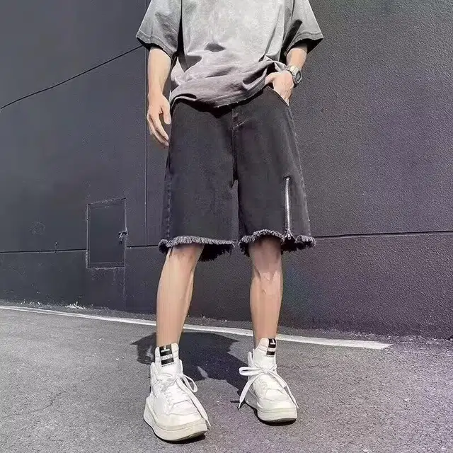 木木兔 休闲纯色美式潮流百搭裤子慵懒复古文艺破洞简约工装五分牛仔短裤 男款
