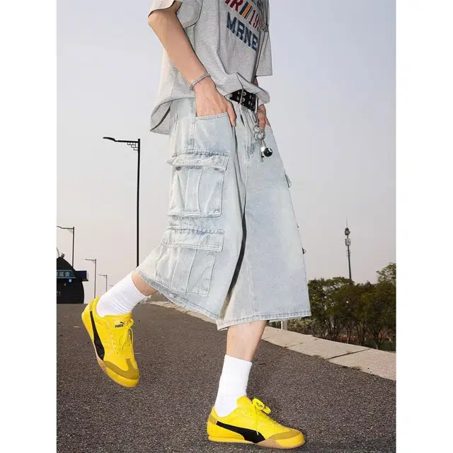 木木兔 美式潮流百搭慵懒复古文艺破洞简约口袋工装七分牛仔短裤 男款