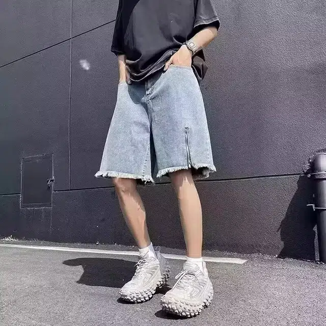 木木兔 休闲纯色美式潮流百搭裤子慵懒复古文艺破洞简约工装五分牛仔短裤 男款