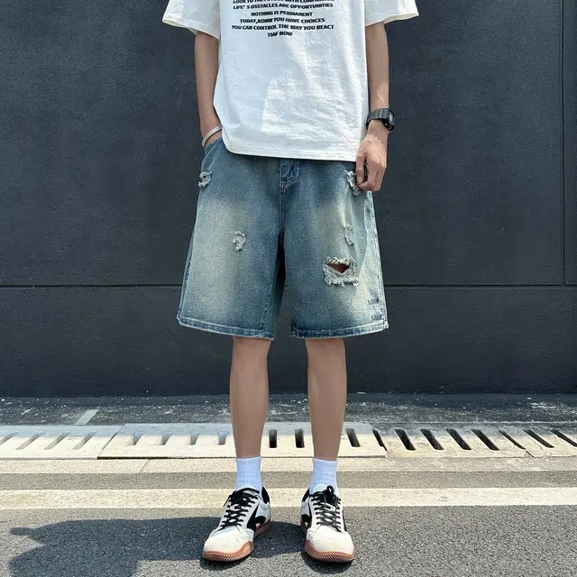 木木兔 男士夏季短裤美式潮流百搭男生裤子简约宽松设计感拼接直筒水洗五分裤夏天牛仔裤 男款