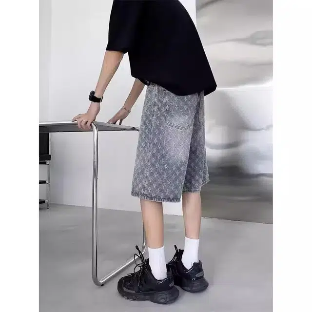 木木兔 男士夏季短裤美式潮流百搭男生裤子简约宽松直筒水洗五分裤夏天复古提花牛仔裤 男款