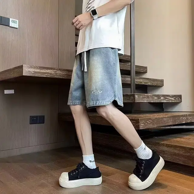 木木兔 休闲美式潮流百搭简约刺绣透气五分裤牛仔短裤 男款