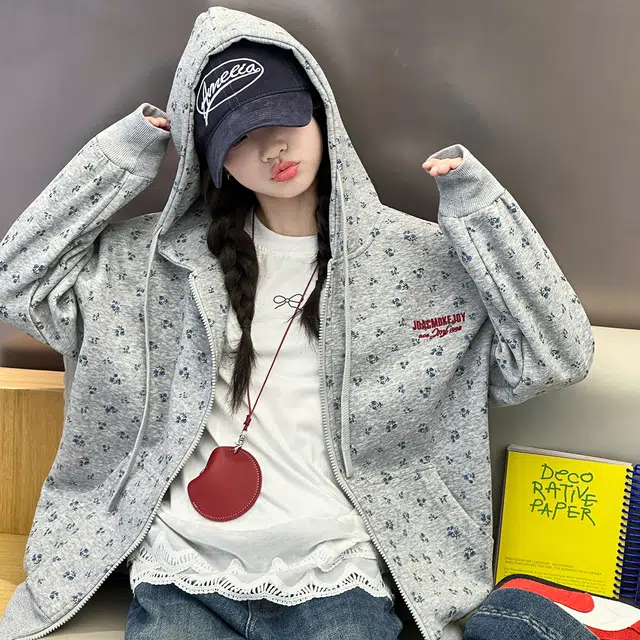 木木兔儿童上装 潮牌时髦洋气甜美中大童冬季童装外套女孩衣服上衣长袖小学生女生碎花连帽卫衣夹克