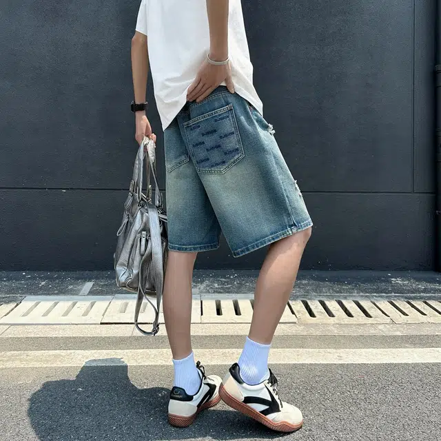 木木兔 男士夏季短裤美式潮流百搭男生裤子简约宽松设计感拼接直筒水洗五分裤夏天牛仔裤 男款