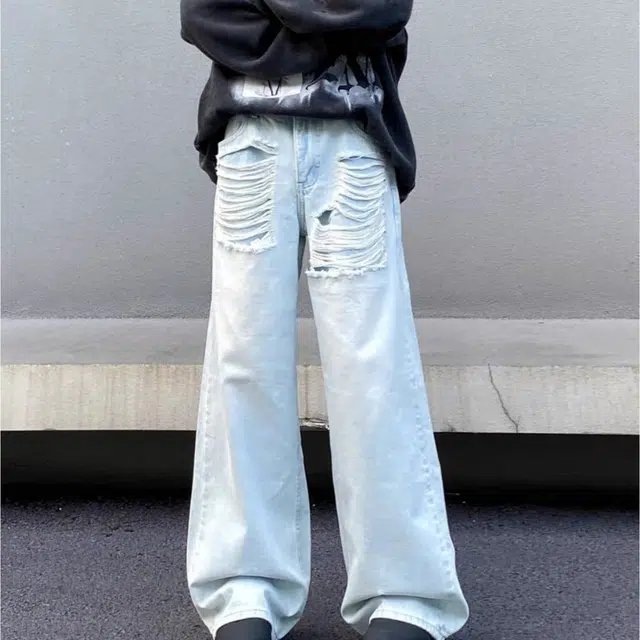 木木兔 美式重磅破洞阔腿夏季男士长裤百搭裤子简约潮流男生牛仔裤国潮穿搭夏天 男款