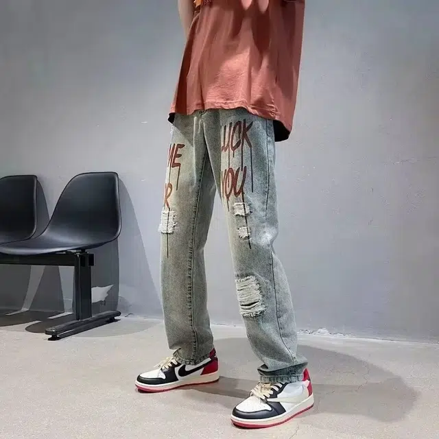 木木兔 破洞简约潮流长裤美式百搭裤子牛仔裤 男款