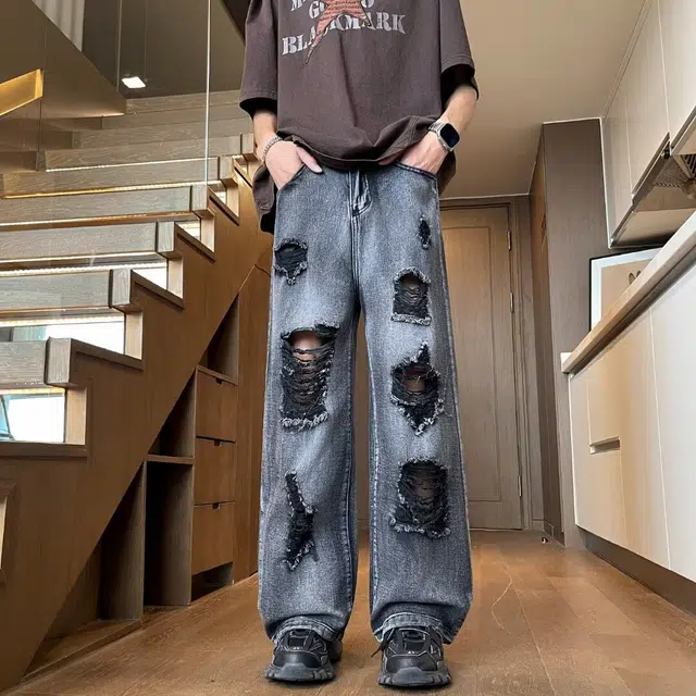 木木兔 美式破洞乞丐重磅夏季男士长裤百搭裤子简约潮流男生牛仔裤国潮穿搭夏天 男款
