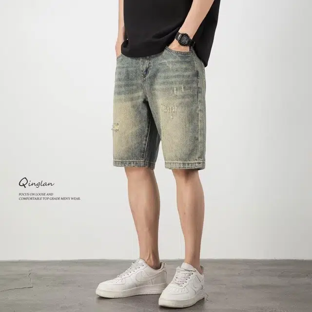 木木兔 休闲美式潮流百搭裤子简约工装宽松直筒五分裤牛仔短裤 男款