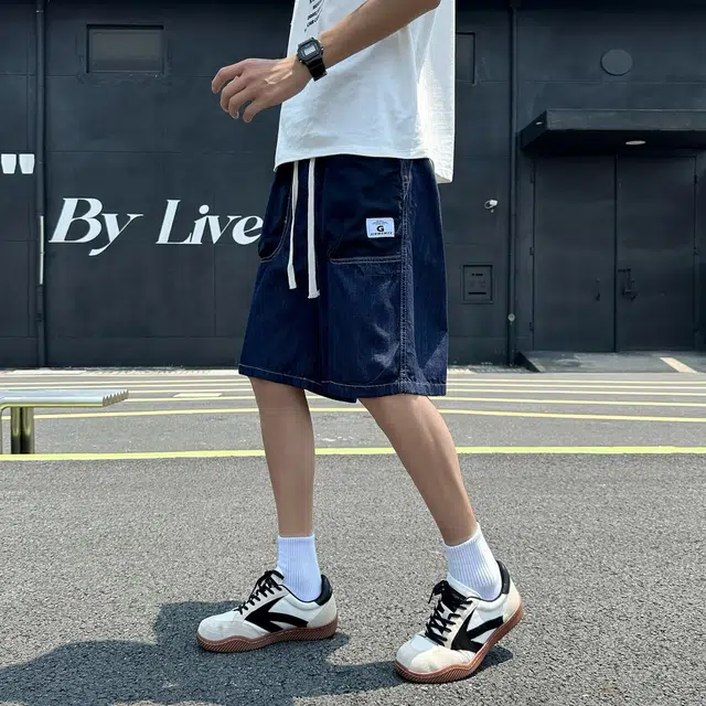 木木兔 男士夏季短裤美式潮流百搭男生裤子简约工装中裤宽松直筒水洗五分裤夏天牛仔裤 男款