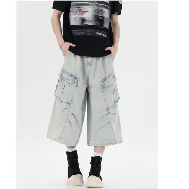 木木兔 美式潮流百搭简约工装高级感痞帅日系复古水洗七分裤做旧水洗大口袋褶皱牛仔短裤 男款