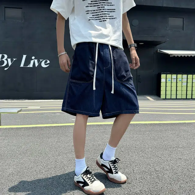 木木兔 男士夏季短裤美式潮流百搭男生裤子简约工装中裤宽松直筒水洗五分裤夏天牛仔裤 男款