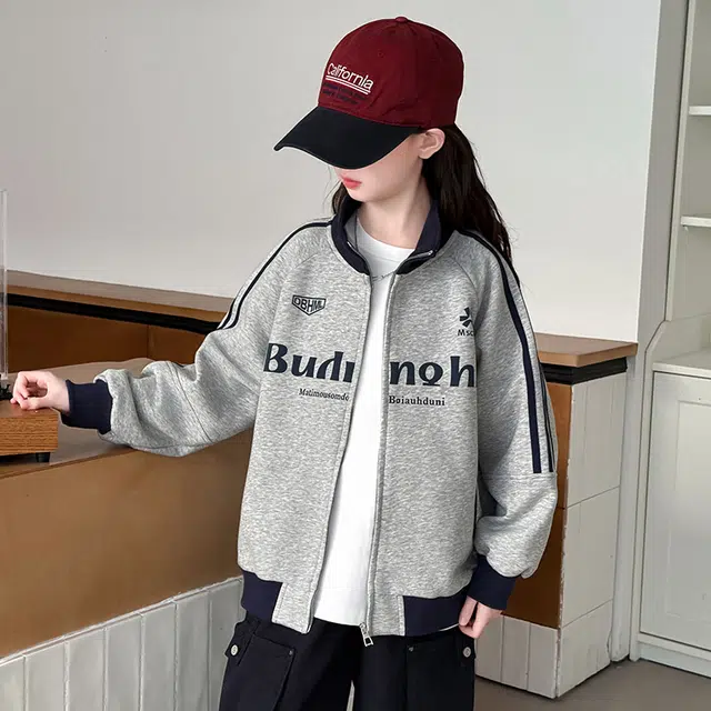 木木兔儿童上装 潮牌时髦洋气甜美中大童冬季童装外套女孩衣服上衣长袖小学生女生连帽卫衣夹克三条杠