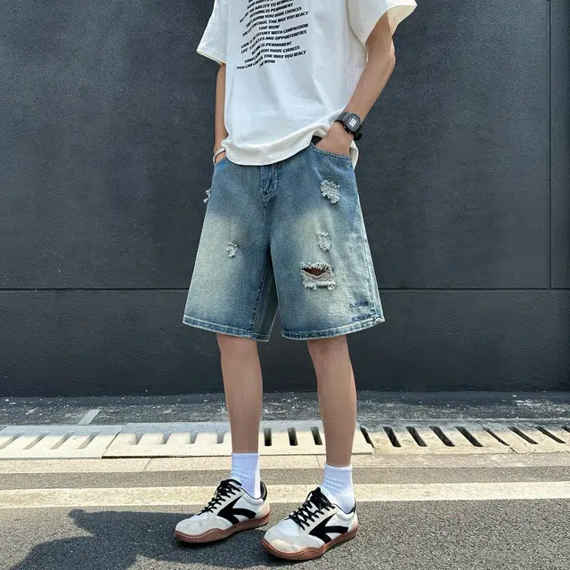 木木兔 男士夏季短裤美式潮流百搭男生裤子简约宽松设计感拼接直筒水洗五分裤夏天牛仔裤 男款