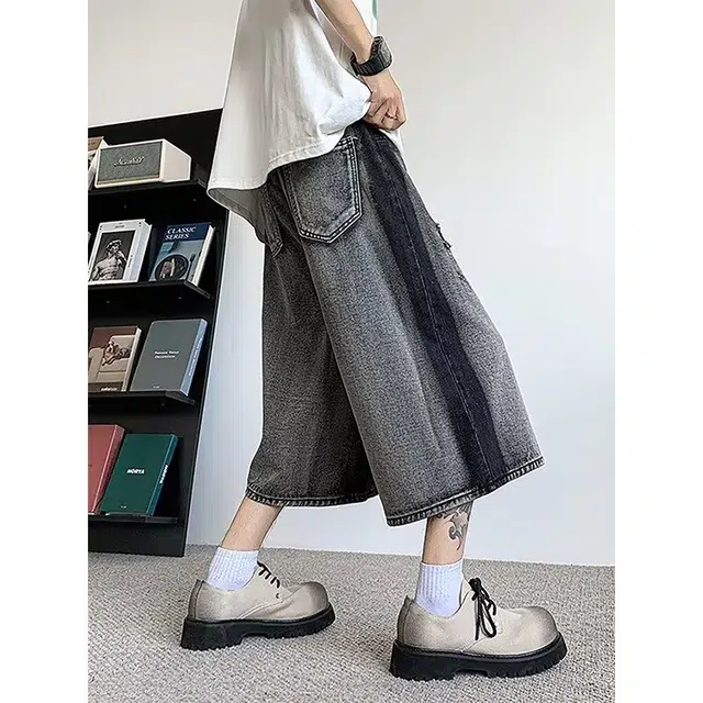 木木兔 男士夏季短裤美式潮流百搭男生裤子简约宽松直筒水洗七分裤夏天扎染破洞牛仔裤 男款