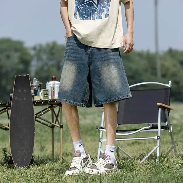 木木兔 男士夏季短裤美式潮流百搭男生裤子简约宽松中裤直筒水洗五分裤夏天牛仔裤 男款