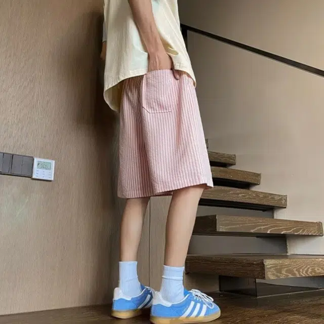 木木兔 男士夏季美式潮流百搭裤子简约设计感五分裤夏天男生卡通刺绣条纹休闲短裤 男女同款