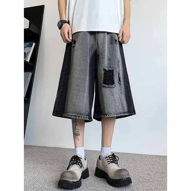 木木兔 男士夏季短裤美式潮流百搭男生裤子简约宽松直筒水洗七分裤夏天扎染破洞牛仔裤 男款