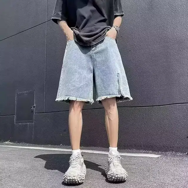 木木兔 休闲纯色美式潮流百搭裤子慵懒复古文艺破洞简约工装五分牛仔短裤 男款