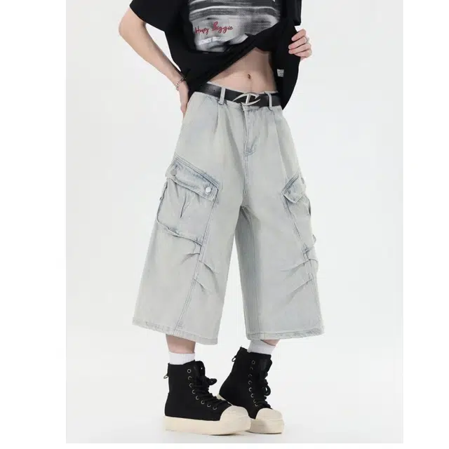 木木兔 美式潮流百搭简约工装高级感痞帅日系复古水洗七分裤做旧水洗大口袋褶皱牛仔短裤 男款