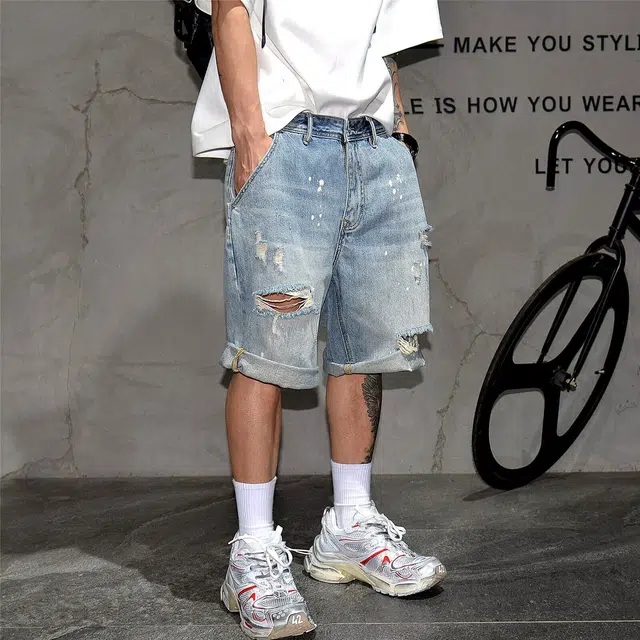 木木兔 休闲美式潮流百搭裤子简约工装宽松直筒五分裤中裤牛仔短裤 男款