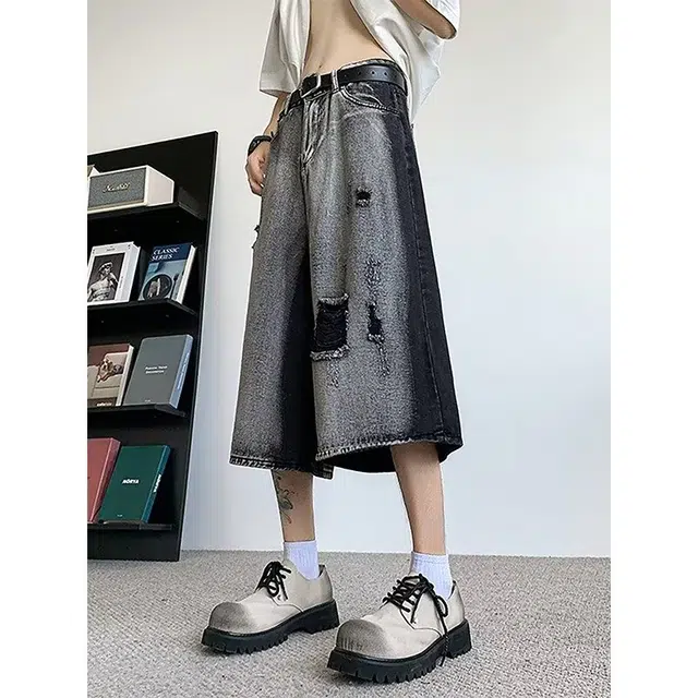 木木兔 男士夏季短裤美式潮流百搭男生裤子简约宽松直筒水洗七分裤夏天扎染破洞牛仔裤 男款